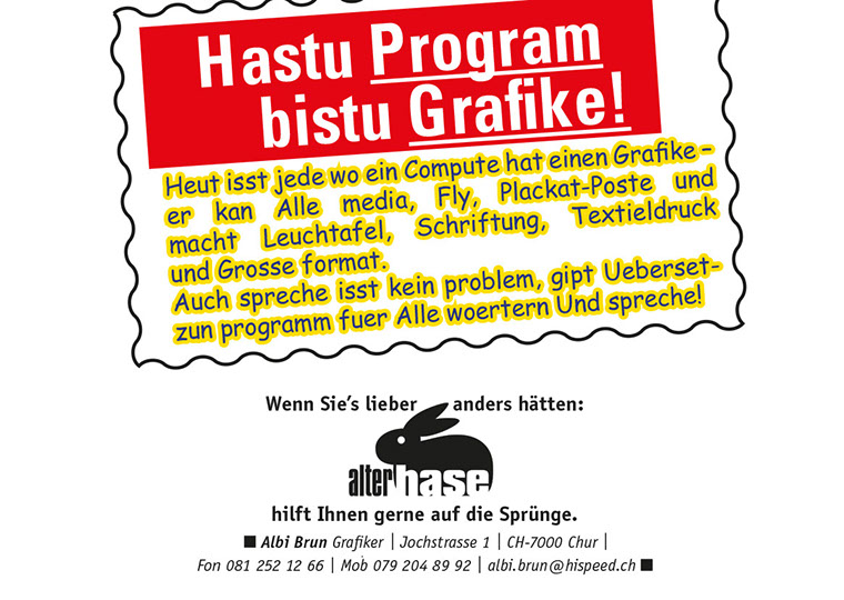 alter Hase hilft Ihnen gerne auf die Sprünge, Albi Brun, Grafiker, Chur